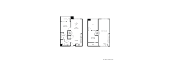 A floor plan of an apartment with a bedroom, bathroom, kitchen, and living room.