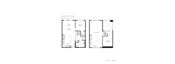 A floor plan of an apartment with two bedrooms, a living room, a kitchen, a bathroom, and a balcony.