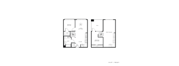 A floor plan of a one-bedroom apartment with a kitchen and a bathroom.