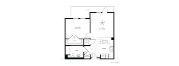 A floor plan of a house with a living room, kitchen, bedroom, bathroom, and closet.
