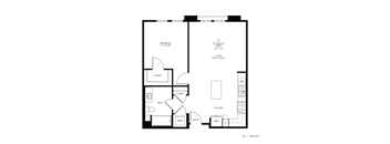 A floor plan of a living space with a bedroom, bathroom, kitchen, and closets.