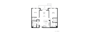 A black and white floor plan of a house with a living room, kitchen, two bedrooms, and a bathroom.