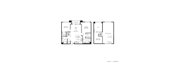 A floor plan of an apartment with a balcony, two bedrooms, a living room, a kitchen, a bathroom, and a loft area.