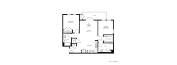 A floor plan of a home with a living room, two bedrooms, a kitchen, and a bathroom.