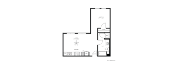 A floor plan of a room with a sleeping area, living area, kitchen, bathroom, and closet.