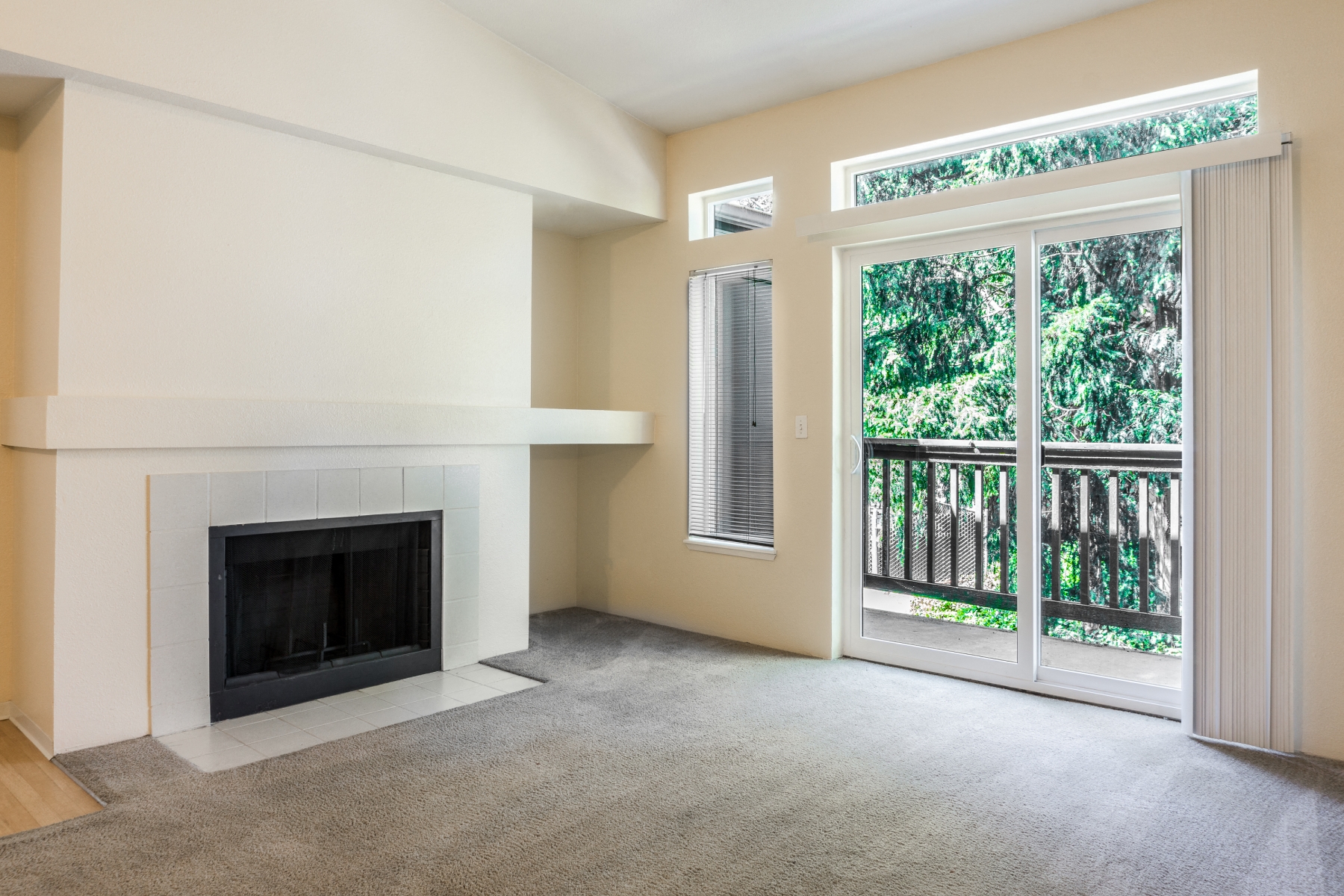 Novela Apartment Homes Living Room Fireplace and Balcony