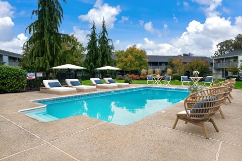 A pool surrounded by chairs and trees.