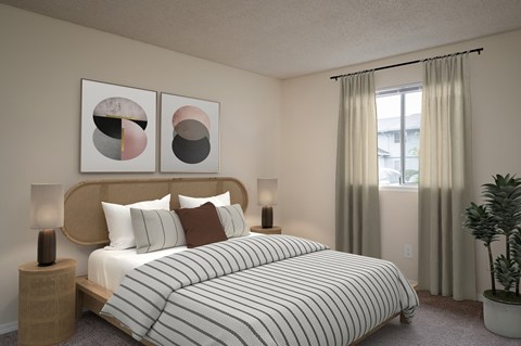 A bedroom with two beds, a nightstand, and two framed pictures on the wall.