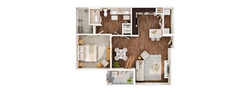 A top-down view of a small apartment layout with a kitchen, living room, and bathroom.