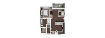 A top-down view of a small apartment with a bedroom, living room, and kitchen.