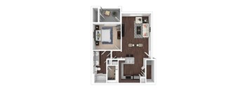 A 3D floor plan of a small apartment with a kitchen, living room, and bathroom.