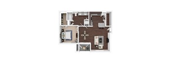 A top-down view of a house layout with a living room, dining room, kitchen, and bedrooms.