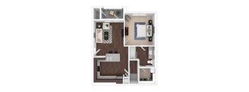 A top-down view of a small apartment with a kitchen, living room, and bedroom.