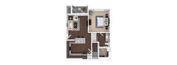 A top-down view of a small apartment with a kitchen, living room, and bedroom.