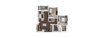 A top-down view of a small apartment layout with a kitchen, living room, and bedroom.
