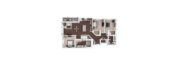 A 3D floor plan of a house with a kitchen, living room, dining room, and bedrooms.