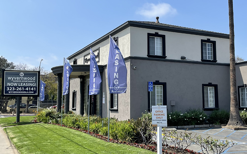 a building with a sign in front of it