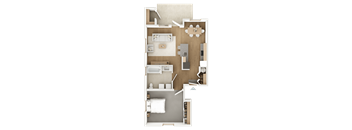 A top-down view of a house floor plan with a kitchen, living room, and bedrooms.