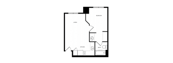A floor plan of a small apartment with a living room, kitchen, bathroom, and bedroom.