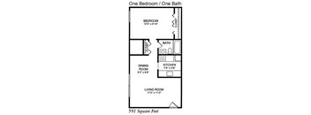 A floor plan of a one bedroom/one bath apartment measuring 591 square feet.