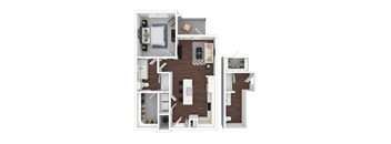 A top-down view of a house layout with a kitchen, living room, and bathroom.