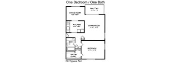 A floor plan of a one bedroom, one bath apartment.