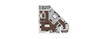A 3D floor plan of a house with a kitchen, living room, and bedrooms.