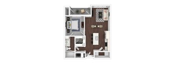 A top down view of a small apartment with a kitchen, living room, and bathroom.