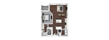 A 3D floor plan of a small apartment with a bedroom, living room, and kitchen.