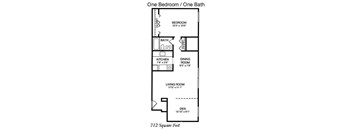 A floor plan of a one bedroom/one bath apartment.