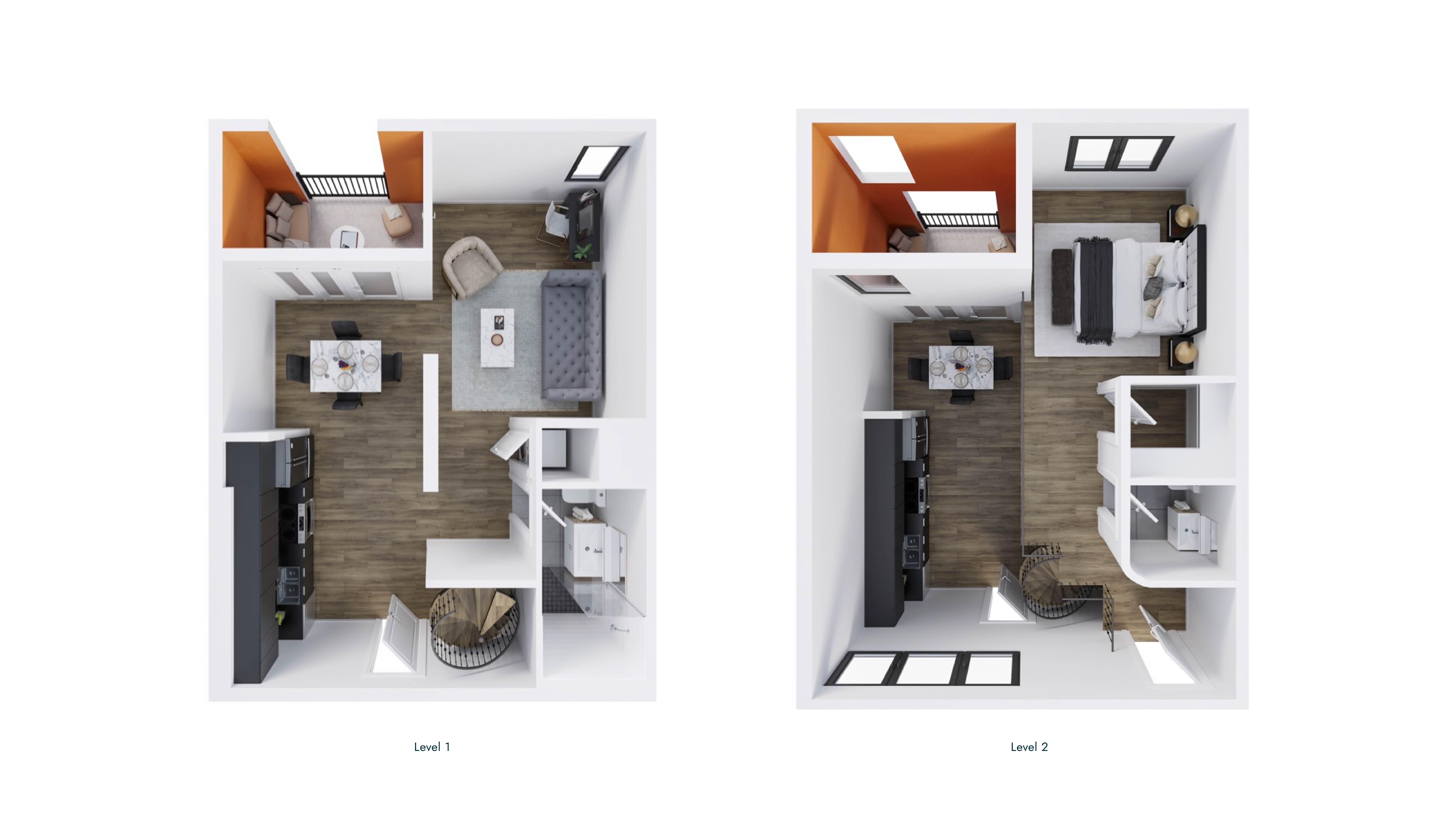 Two images showing the layout of a two-level apartment.