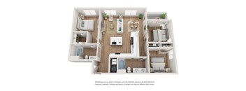 A 3D floor plan of a house with a kitchen, living room, and bathroom.