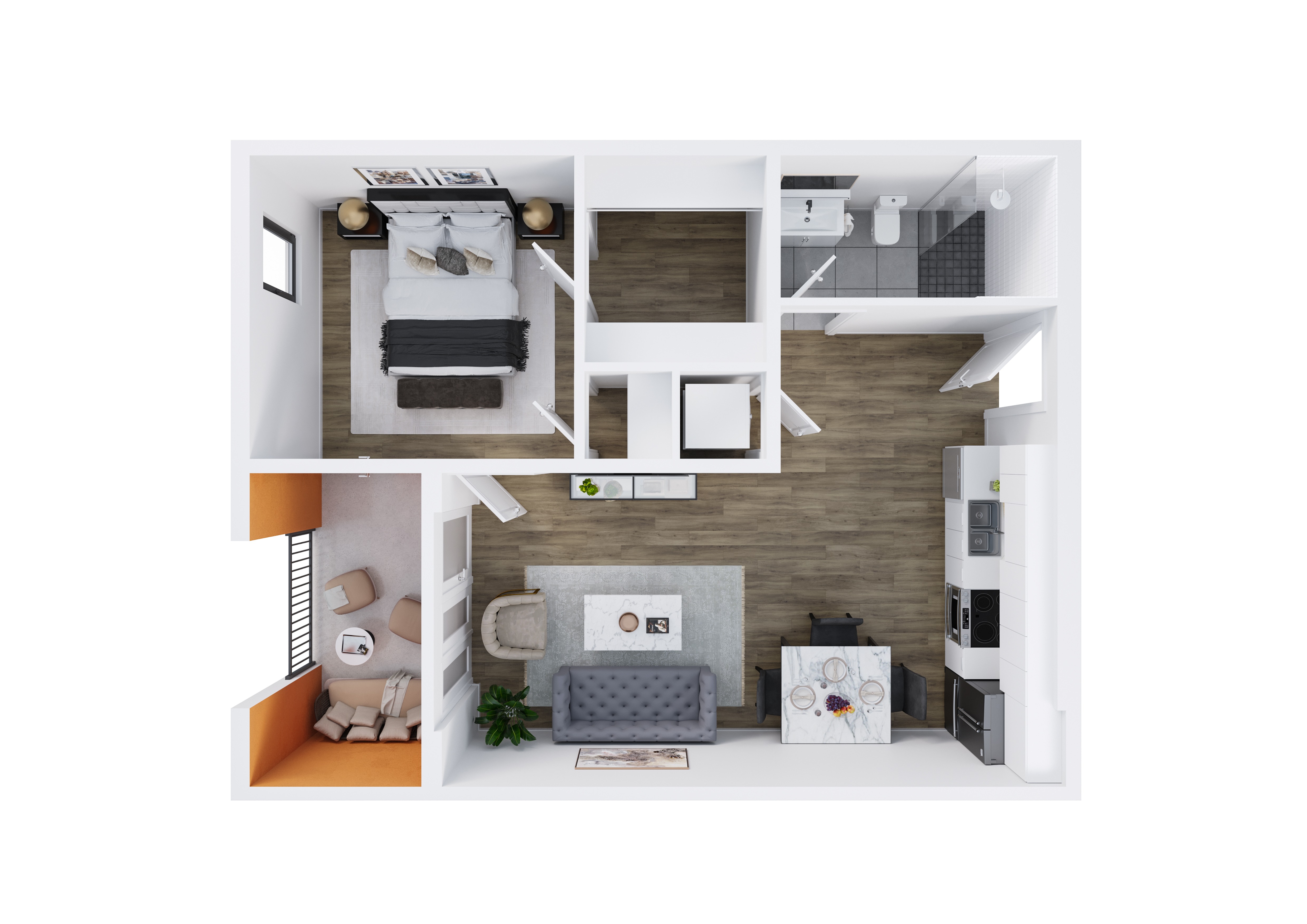 A modern, minimalist apartment with a kitchen, living room, and bedroom.