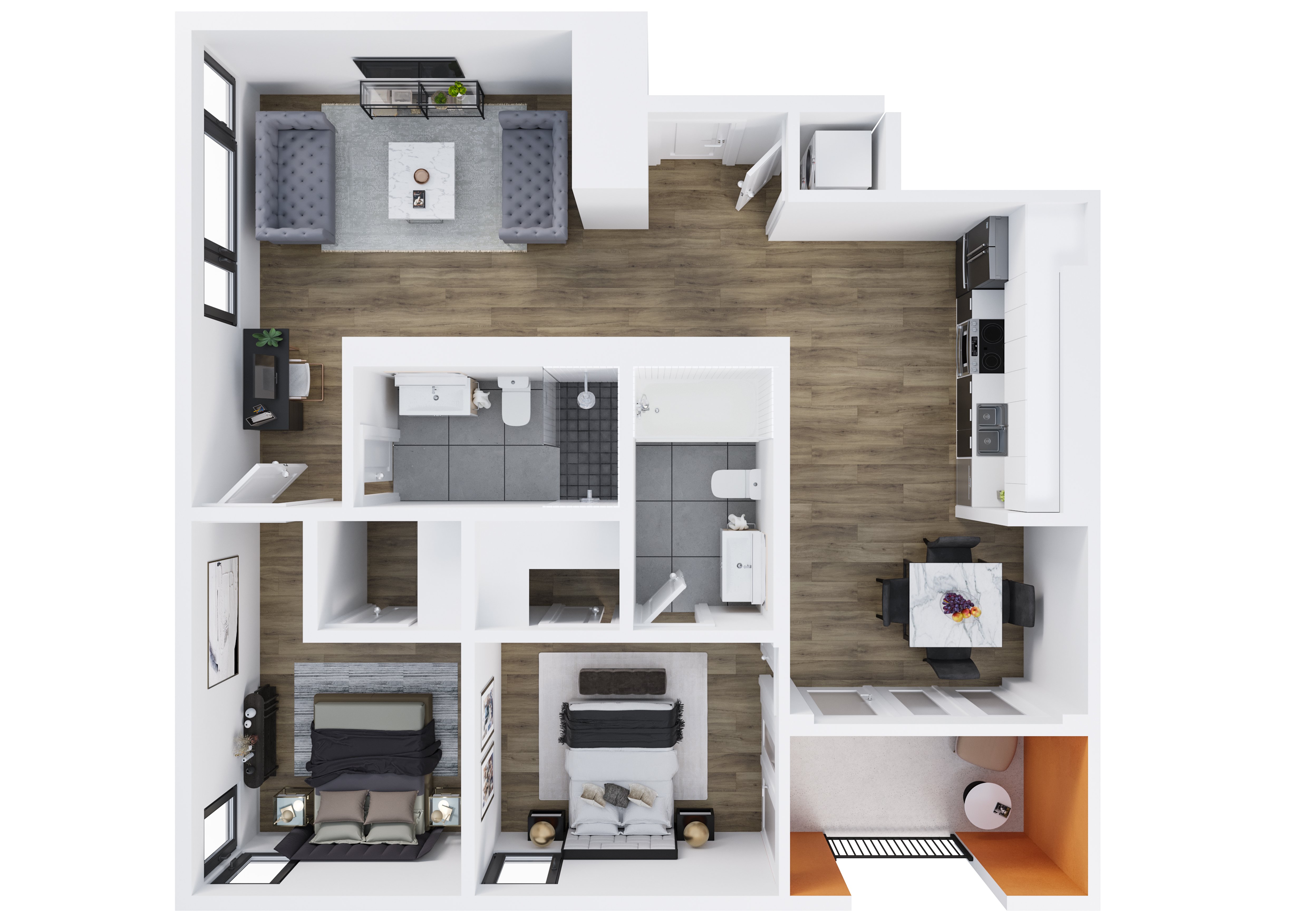 A top-down view of a modern apartment layout with a kitchen, living room, and bedrooms.