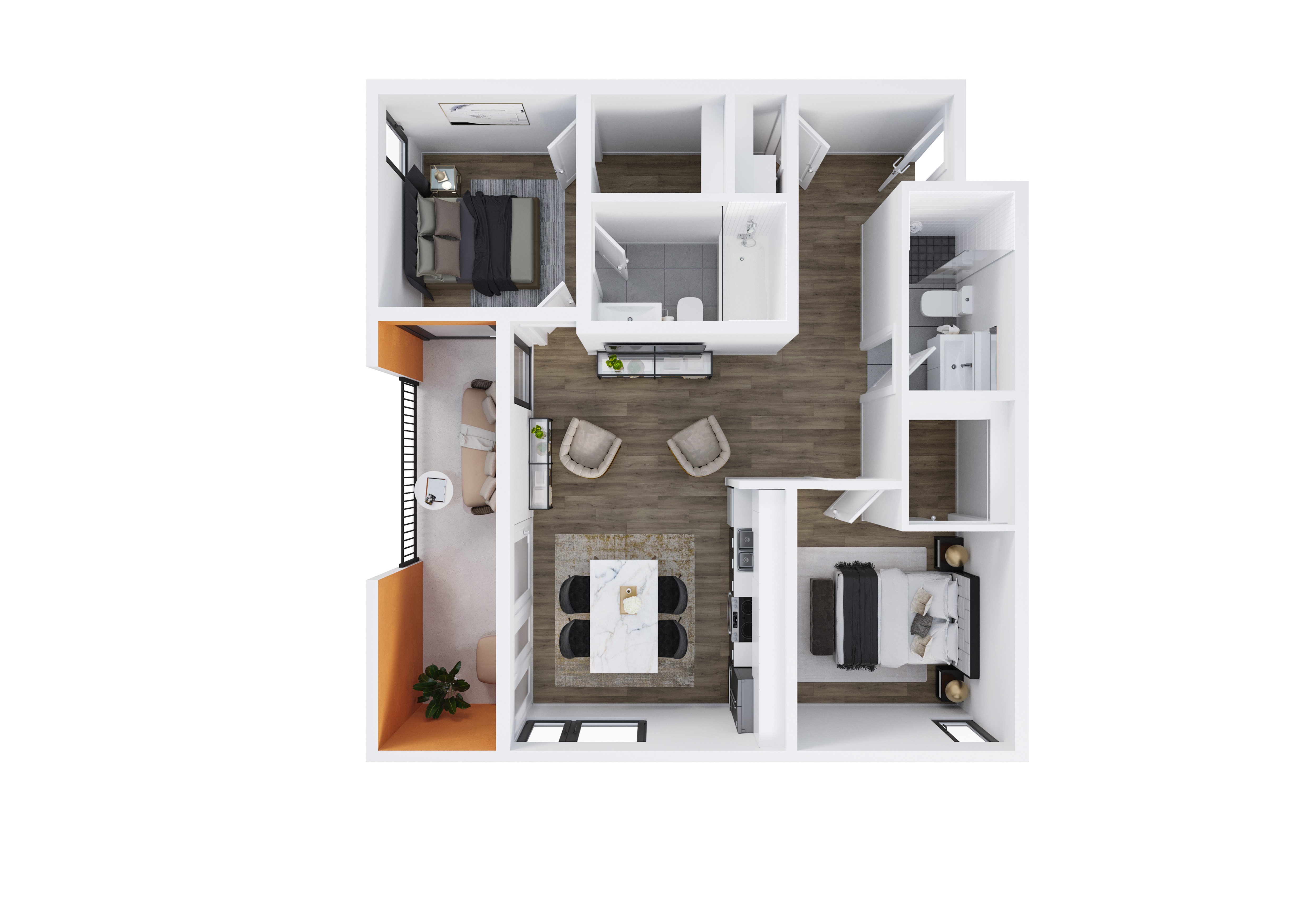 A top-down view of a modern apartment layout.