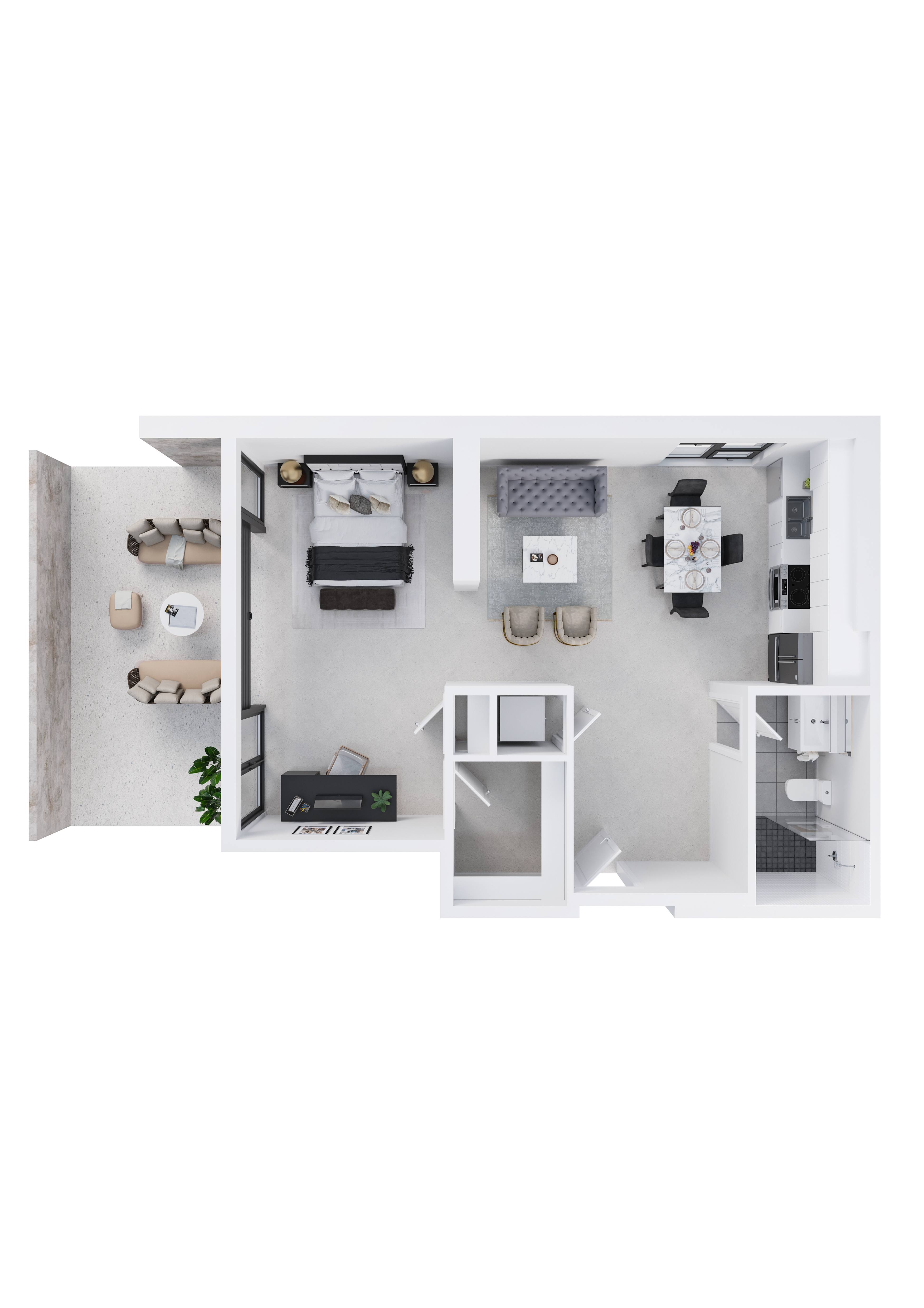 A white room with a bed, a desk, a chair, a shelf, and a plant.