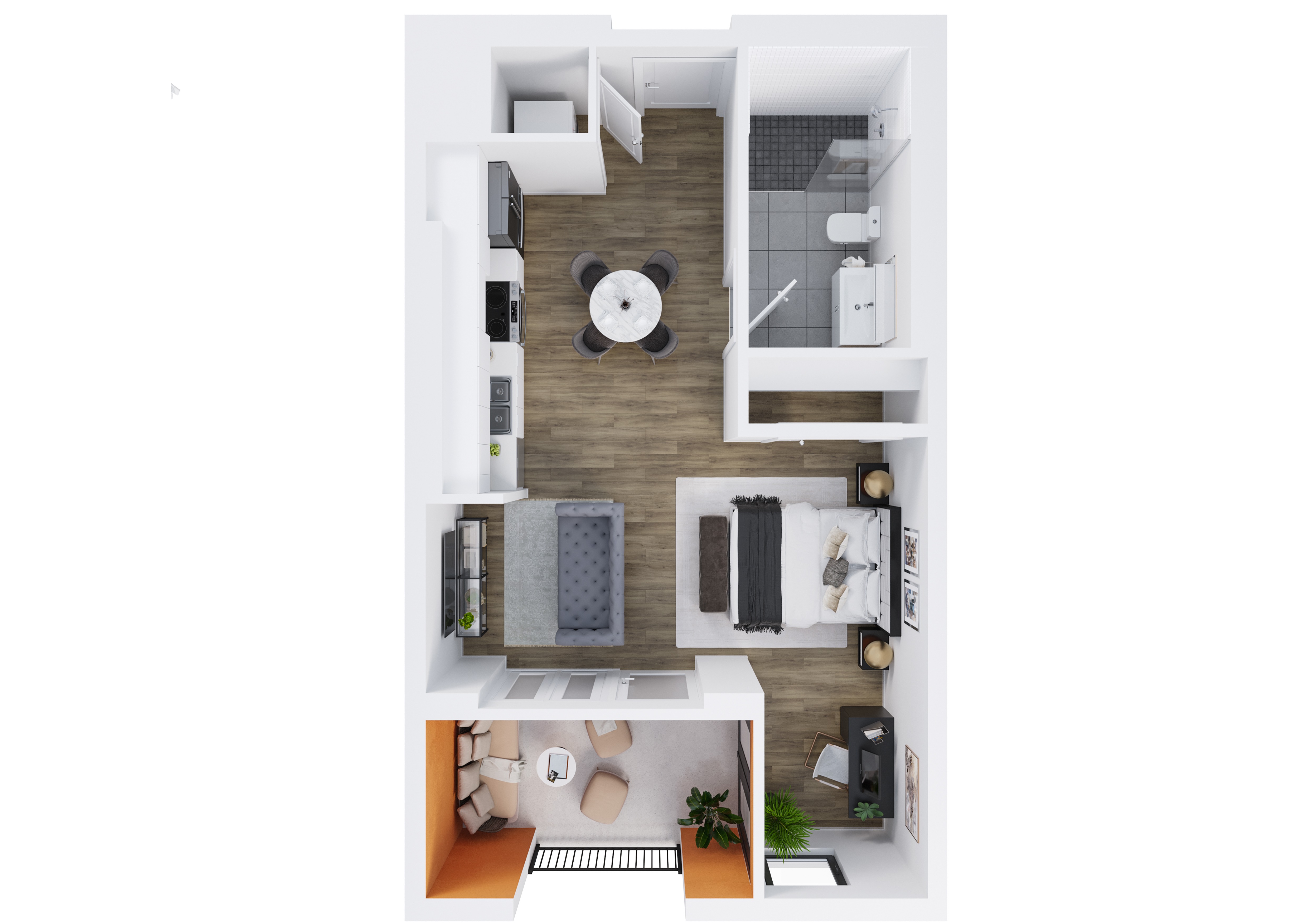 A top down view of a small apartment with a kitchen, living room, and bathroom.