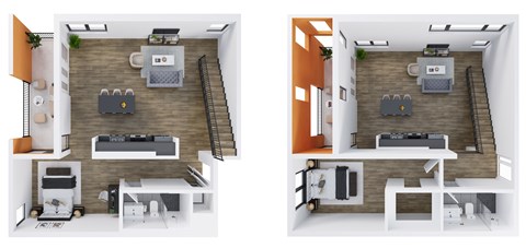 Two images of a small apartment layout with a kitchen, living room, and bedroom.
