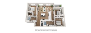 A 3D floor plan of a small apartment with a kitchen, living room, and bathroom.