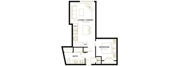 A floor plan of a small apartment with a living room, dining room, bedroom, and bathroom.