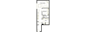 A black and white floor plan of a small apartment with a living room, dining room, bedroom, bathroom, and walk-in closet.