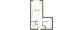 A floor plan of a small apartment with a living room, dining room, bedroom, and bathroom.