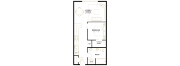 A black and white image of a floor plan for a living/dining area, bedroom, bathroom, and walk-in closet.