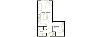 A floor plan of a small apartment with a living room, dining room, bedroom, and bathroom.