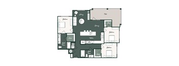 A floor plan of a house with a dining area in the center.