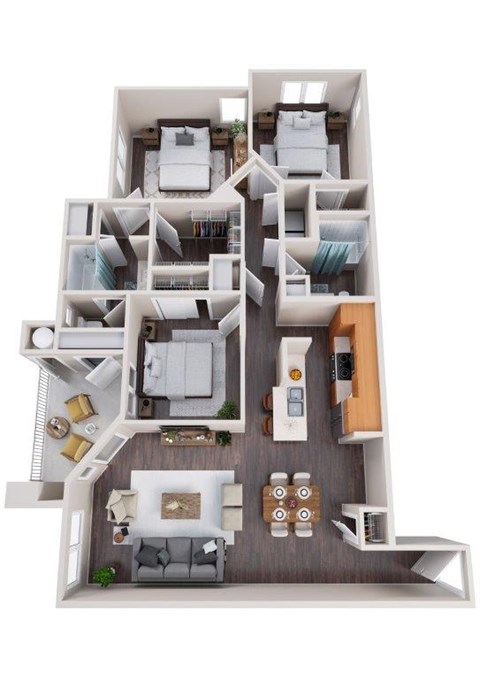 A 3D floor plan of a house with a living room, kitchen, and bedrooms.
