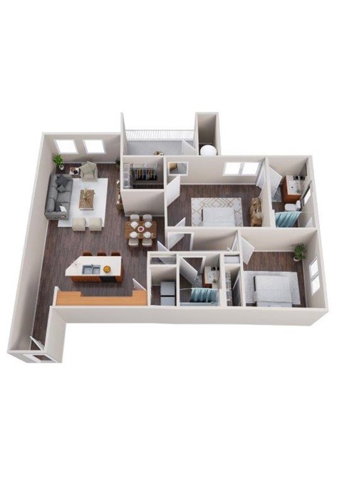 A 3D floor plan of a house with a kitchen, living room, dining room, and bedrooms.