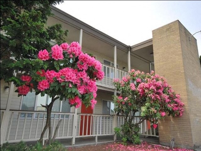 Wisteria Walk Apartments Building Exterior and Flowers