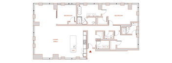 A floor plan of a house with three bedrooms and a living area.