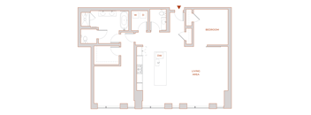 A floor plan of a house with a living area and a bedroom.